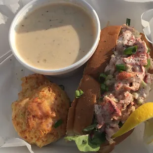 Lobster roll, and lobster Bisque with a cheddar biscuit