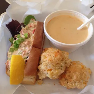 Yummy take 2. Traditional lobster roll with lobster bisque. Yummy cheddar biscuit.