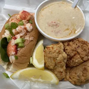 The Longshot: choice of lobster roll (Connecticut pictured), soup (lobster bisque pictured) , and cheddar biscuits for $18.