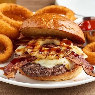 a burger and onion rings