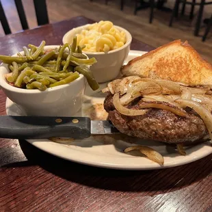 Hamburger Steak - SO DANG DELICIOUS! Nice huge cut of meat - Mac and cheese also great!
