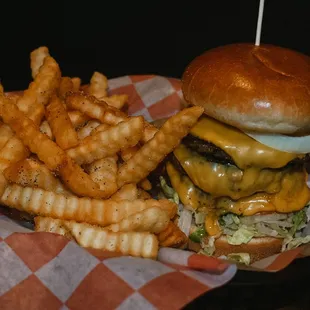 a cheeseburger and fries