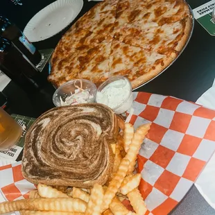 Fish sandwich and cheese pizza!