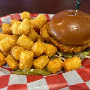 Chicken sandwich with tots