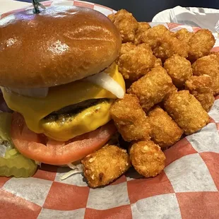 Double smash burger and tots