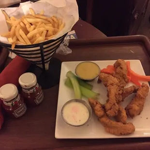 Tiny, dry chicken fingers and okay fries.