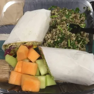 Really great vegetarian options: Hummus veggie wrap, quinoa lentil salad, (add your own salt or seasoning), peak of season delicious fruit!
