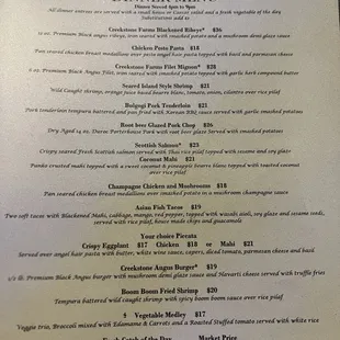 Back of the dinner menu