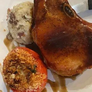 Root beer glazed pork chop -- stuffed tomatoe -- mash potatoes