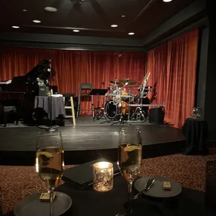 a stage with a drum set up