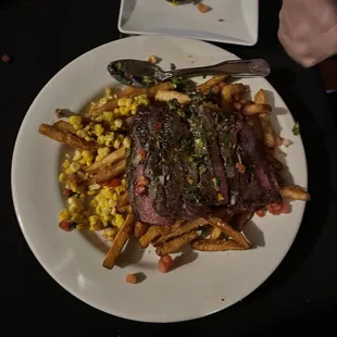 a plate of steak and french fries