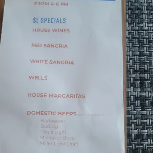 Happy Hour drink menu.