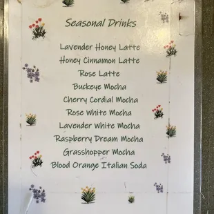 a menu for seasonal drinks