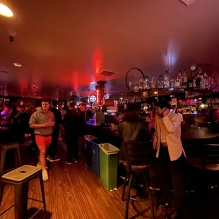 a group of people in a dimly lit bar