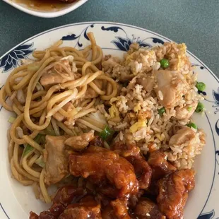 Chicken chow mein, chicken fried rice, and sesame chicken