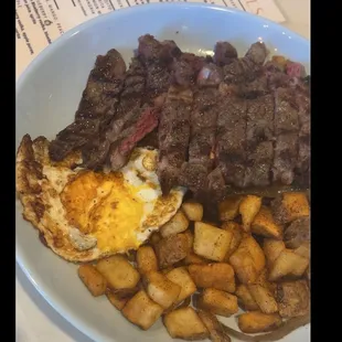 Steak, egg and potatoes