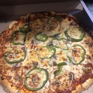 Sausage, onion, bell pep pizza