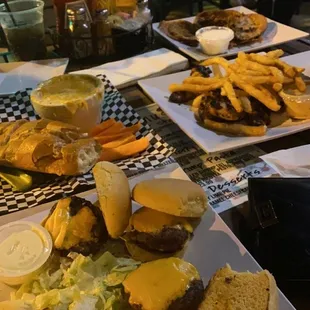 Crab dip, sliders, potato skins, and jerk chicken strips