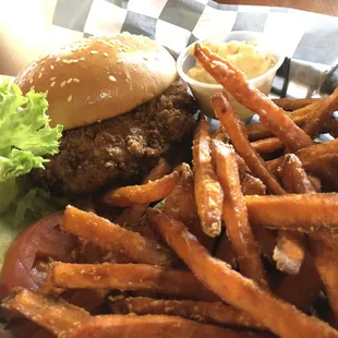 Fried chicken sandwich with sweet potato fries