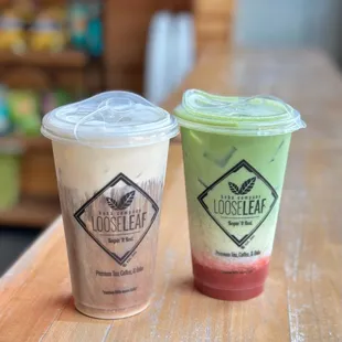 Haus Coffee-hazelnut, Condensed Milk, Layered w/Salted Cheese Foam, &amp; a Dash of Cacao. W/Strawberry Matcha Latte