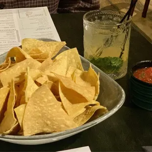 Chips and salsa + bourbon fizz drink