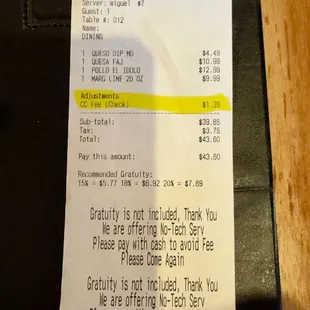 Our check with a credit card charge. We paid cash.