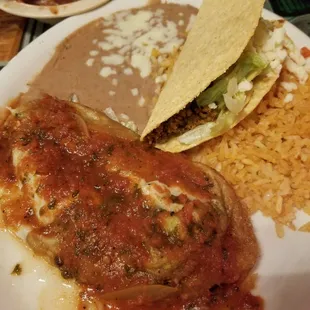 Chile Relleno, Beef Taco with Beans and Rice. Enjoyed it all. Yummy Salsa. AND their White Dip is perfection!