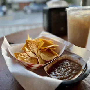 Complimentary chips and salsa with large horchata