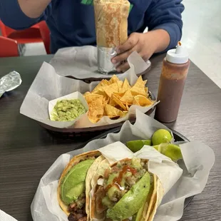 Super Burrito, Chips &amp; Guacamole, Super Taco Al Pastor, Fish Taco