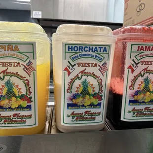 Delicious juice drinks - pineapple, horchata and jamaica.
