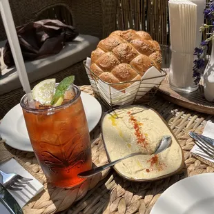 Hummus with Turkish bread , Iced Tea