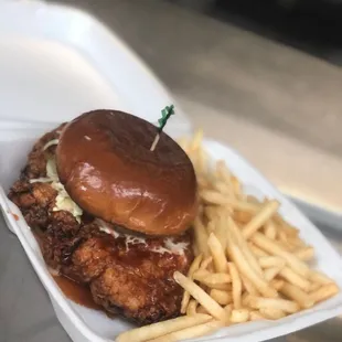 Mmm country fried chicken smothered in kpop sauce with shoestring fries!! Sooooo good!
