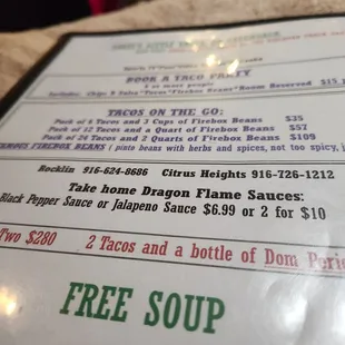 Menu offers free soup.