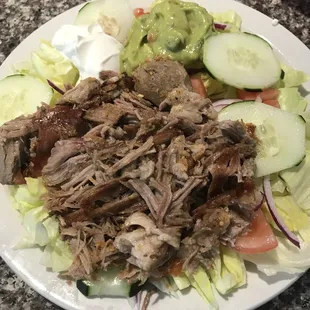Carnitas salad- not on menu, just ask. Low carb