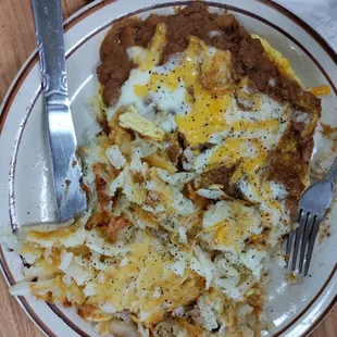 Chili cheese omelette with hash browns