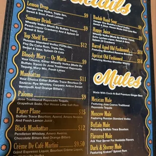 Cocktail menu