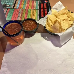 Pomegranate margarita, salsa, chips.