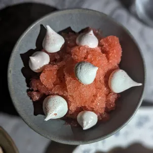 Strawberry Bowl Thing:
 Shortbread underneath, cream cheese, strawberry raspado