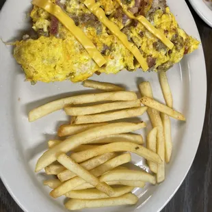 Meat lovers omelette with fries instead of home fries