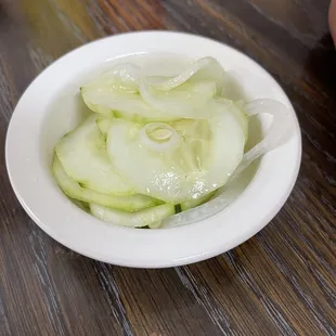 Side dish of cucumbers and onions