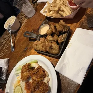 Hot Chicken Bites, Fried Pickles and Jalapenos, French Fries, Side Mac and Cheese, Cornbread