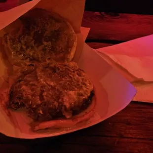 Burger.  This was way smaller than it looked.  Perhaps 3.5 oz of meat.