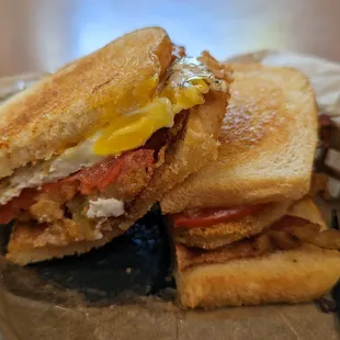Fried green tomato BLT with added fried egg.