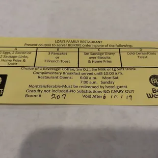 Daily coupon provided by the Best Western next door.
