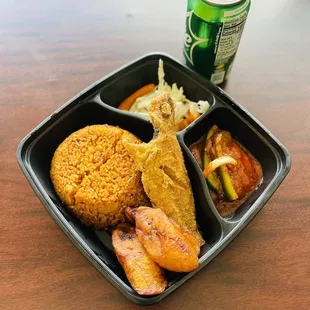 a bento box of food