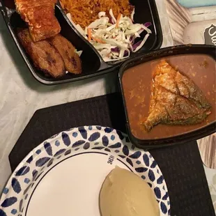 Red snapper, jollof &amp; plantain. Also fufu and goat/fish pepper soup! Yum!