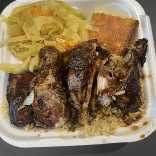 Regular Meals jerk chicken,  rice &amp; beans, cabbage,  and corn bread.