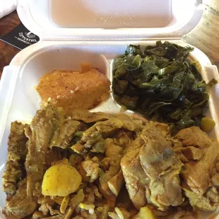 Curry chicken cornbread and collared greens