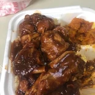 Lunch Special, bbq wings, rice, yams