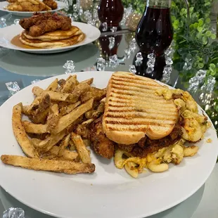 Homemade 6 cheese Mac'n Cheese &amp; Buttermilk Milk Fried Chicken Panini Sandwich with a side of Hand Cut Sweet Legacy Fries
